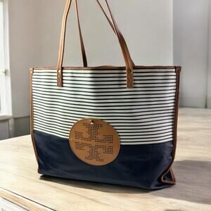 Tory Burch Viva Tote in Navy Blue & Cream Striped Tan Leather Shoulder Bag Large